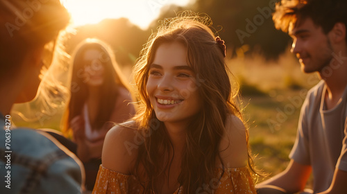 Relaxed atmosphere, a group of friends in casual poses, genuine connections, captured in the golden hour