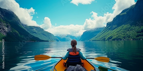 Woman kayaking on fjord in Norway. Beautiful landscape. © rus09