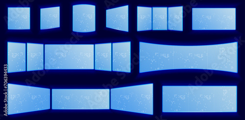 LCD display with glowing neon lights. Vector isolated LED screen horizontal landscape projection. Digital score panel with diode lamps for stadium, night club decoration, tv panel for wall