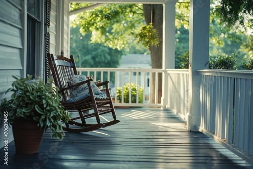 A rocking chair sits on a porch next to a potted plant. Perfect for adding a touch of relaxation and nature to any outdoor space photo