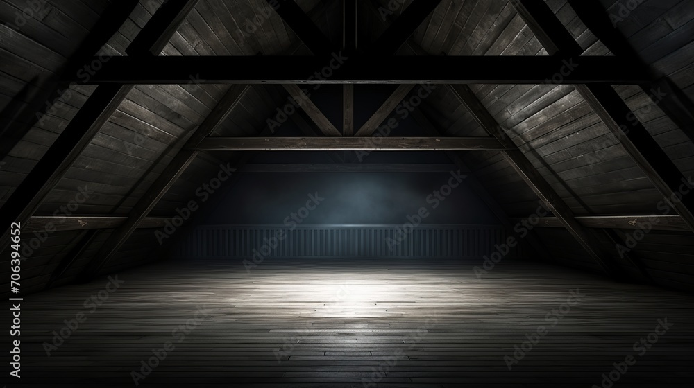 Dark minimal attic scene with a single wooden beam AI generated illustration Dark minimal attic scene with a single wooden beam AI generated illustration