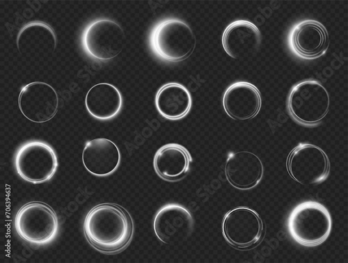 Glowing semicircle and circles lights, isolated accent illumination design. Vector geometric form, round shape with shining effect, neon or soft shimmering reflection, frames or borders