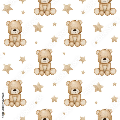 Teddy bear toy and stars. Plush baby toy. Cute baby watercolor pattern with kid's toy's for newborn baby. Background for kids good and shop, cards, wallpapers, baby shower, kid's room and toy