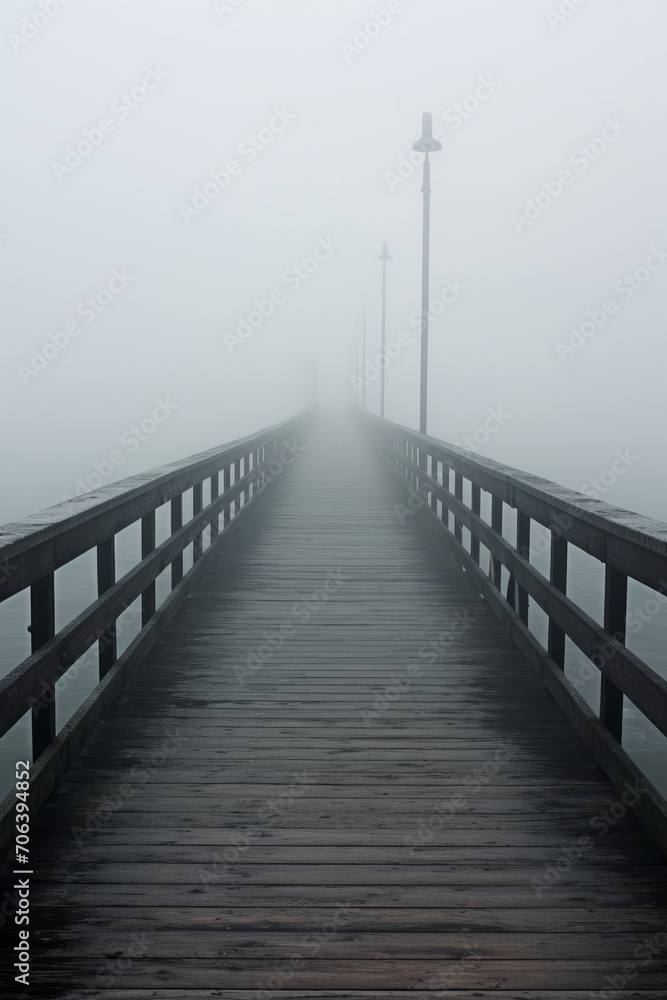 Empty boardwalk extending into the misty sea  AI generated illustration