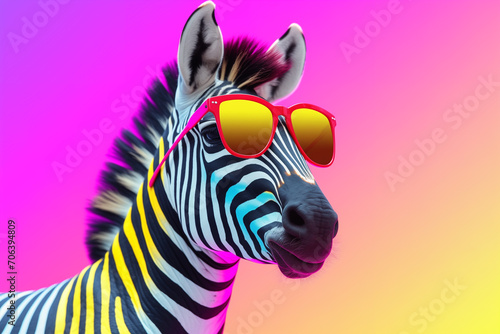 close up of zebra face. Colorful Zebra. Rainbow colors. Multi colored painted zebras. Funny zebra with glasses. Portrait of an african zebra wearing sunglasses and a striped suit isolated on a rainbow