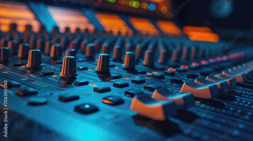 Close-up of a mixing board in a recording studio. Ideal for music production and audio engineering projects Close-up of a mixing board in a recording studio. Ideal for music production and audio engineering projects