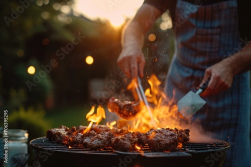 A person is cooking meat on a grill. This image can be used to showcase outdoor cooking or grilling activities photo