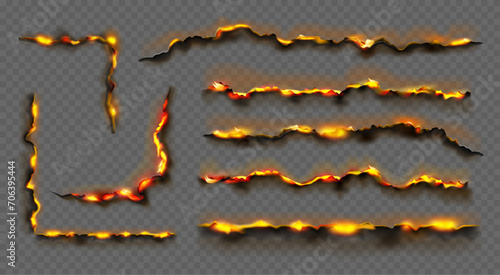 Burnt paper edges with fire and black ash. Vector isolated elements of borders and frames from scorched and smoldering sheets. Torn grungy texture on transparent background, holes on page