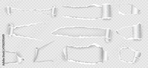 Ripped paper holes with scrolls and uneven torn edges. Vector isolated blank fragment of page, document or journal on transparent background. Frame or border for copy space or banner with curl photo