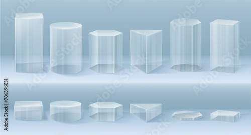Clear stand podium, isolated display boxes for store or shop. Vector crystal pedestal for presentation or showcase, museum expo or exhibition. Plastic realistic cylinder or cube, side view