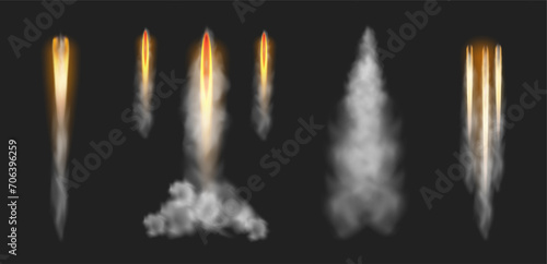 Smoky trail and fire burst effect from launching rocket. Vector isolated taking off spacecraft or spaceship, vapor or missile light. Meteor or comet trace in sky. Gas or fume from jet or shuttle photo