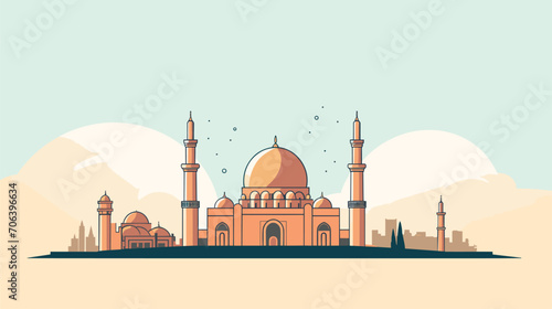 Explore the historical and architectural aspects within the Muslim world with a vector art piece showcasing mosques, Islamic landmarks, and historical sites. 