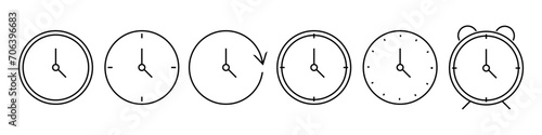 Set of clock line icon. Time, hands, minutes, alarm clock, dial, mechanism, second, numbers, timer, chronometer. Vector icon for business and advertising