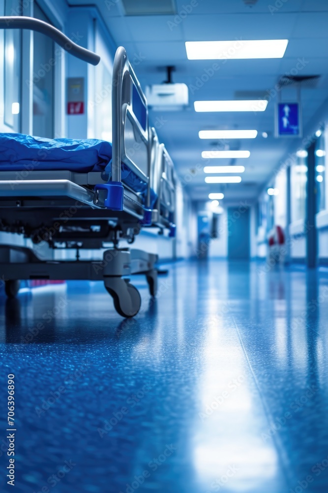 Obraz premium A hospital room with blue walls and floor. Suitable for medical and healthcare concepts