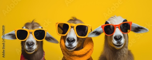 Three Goats in Sunglasses  A Quirky Fashion Statement on a Vibrant Yellow - Generative AI