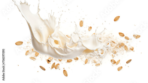 Oat milk splash with almonds isolated on white background