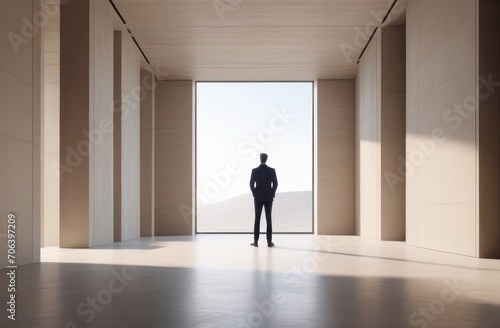 male figure in sunlit stark concrete space. minimalist architectural design in beige tones.