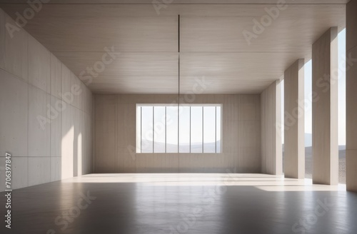 minimalist architectural design with columns. sunlit stark concrete space in beige tones