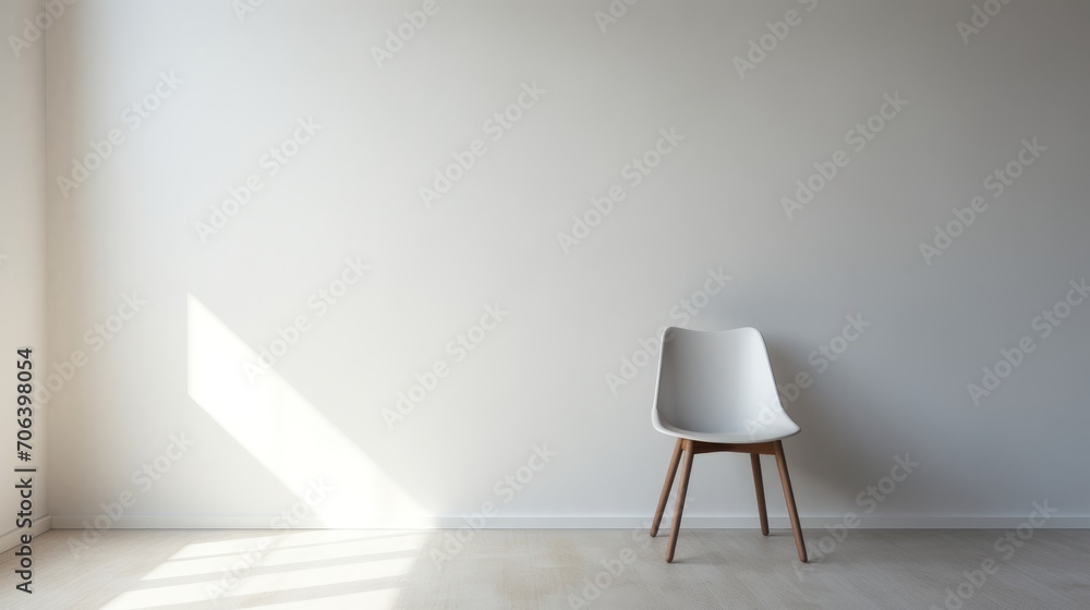 Minimalistic empty room with a single white chair AI generated illustration Minimalistic empty room with a single white chair AI generated illustration