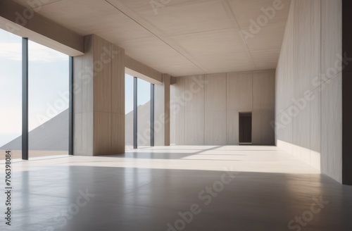 Simple elegant interior in minimalistic style. Empty room with beige walls, concrete floor, sunlight