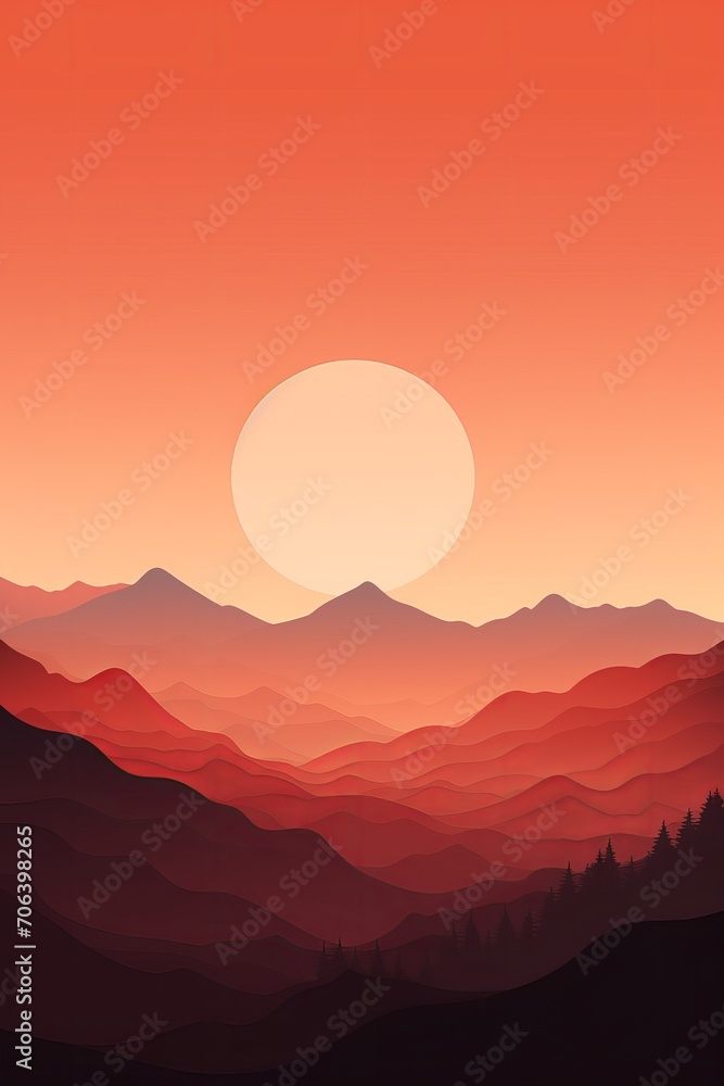Fototapeta premium Minimalistic scene with a mountain silhouette at sunset AI generated illustration