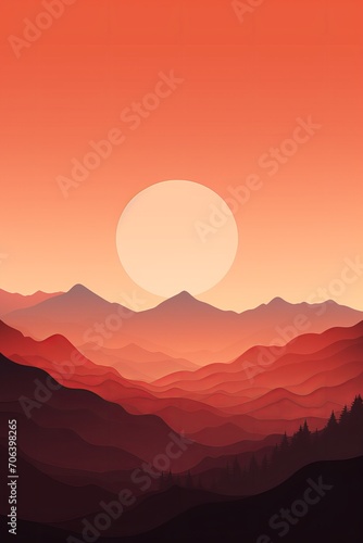 Minimalistic scene with a mountain silhouette at sunset  AI generated illustration © ArtStage