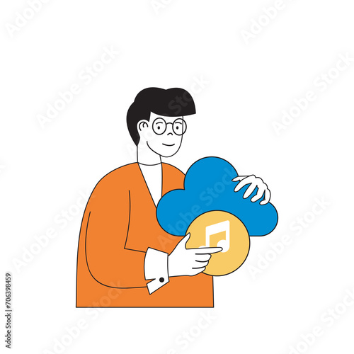 Cloud computing concept with cartoon people in flat design for web. Man using online streaming platform for listening music and audio. Vector illustration for social media banner, marketing material.