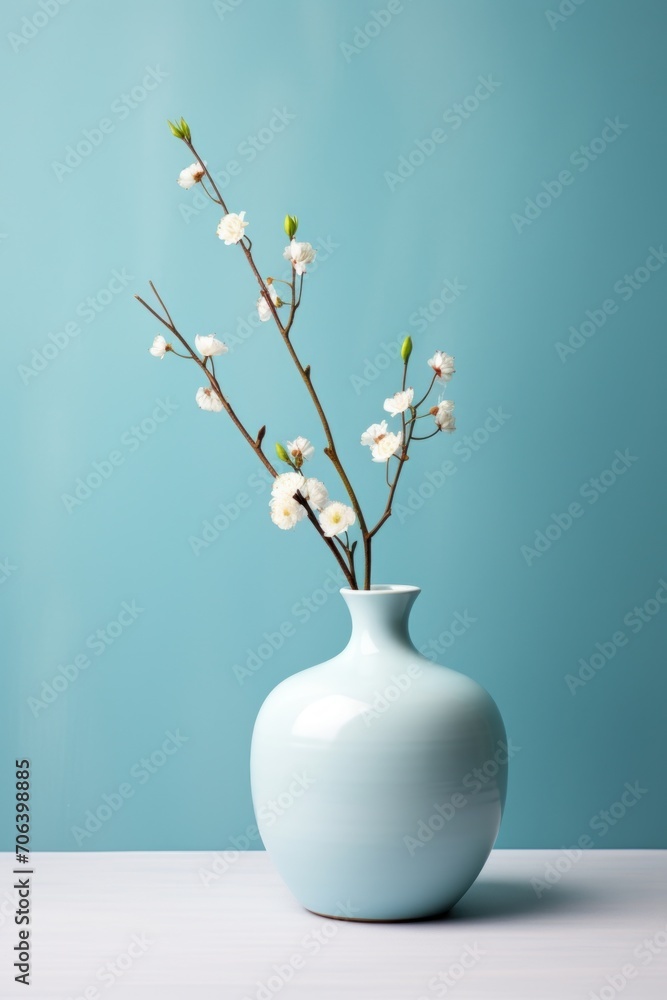Pale blue backdrop with a single ceramic vase AI generated illustration Pale blue backdrop with a single ceramic vase AI generated illustration