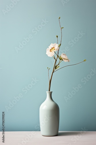 Pale blue backdrop with a single ceramic vase  AI generated illustration