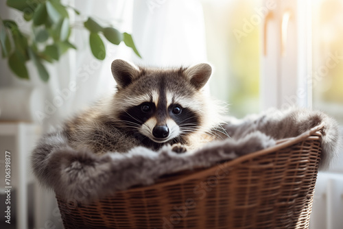 A cute young tame raccoon resting in a pet bed, space for text. Generative AI