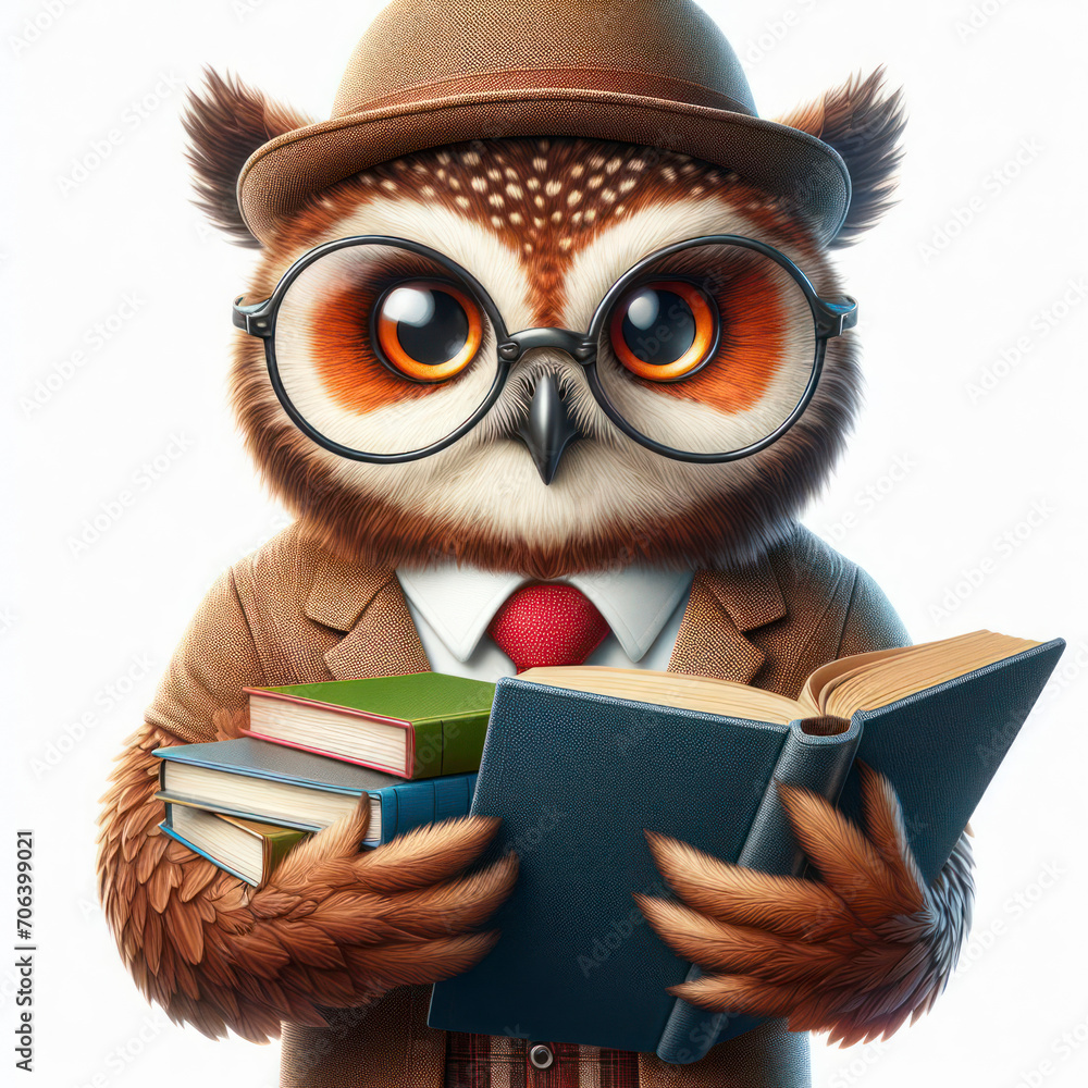 a Big owl with glasses Holding a book Isolated on white Background. ai generative