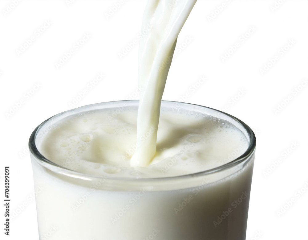 Glas Milch eingießen isoliert auf weißem Hintergrund, Freisteller Glas Milch eingießen isoliert auf weißem Hintergrund, Freisteller