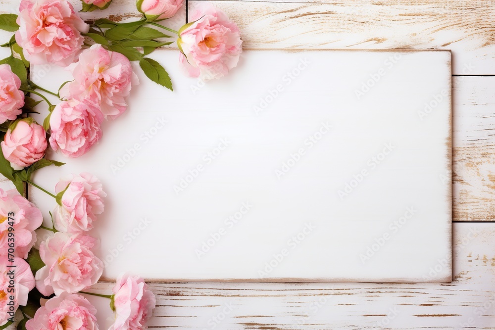 Bouquet of pink flowers with blank frame on white wooden background - obrazy, fototapety, plakaty 