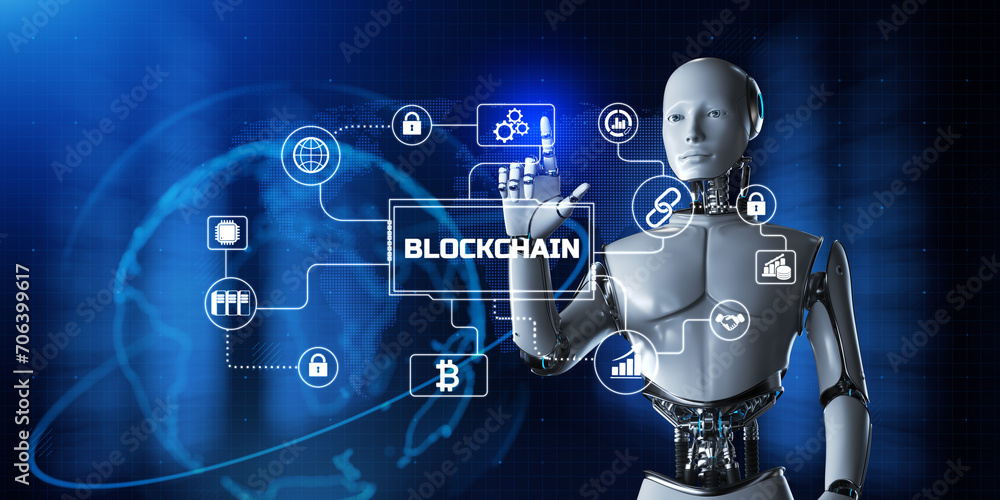 Naklejka premium Blockchain technology cryptocurrency concept. Robot pressing button on screen 3d render.