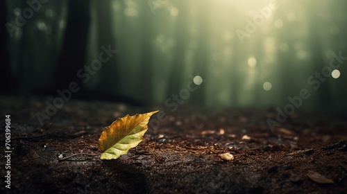 Single leaf dropping in a deserted forest  AI generated illustration photo