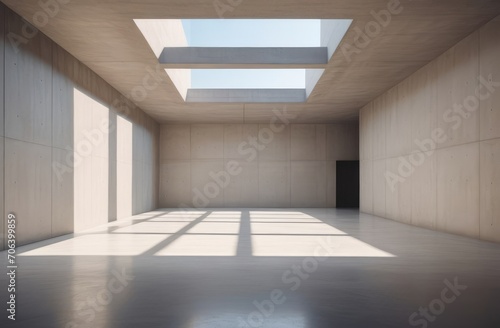 Understated elegance in architecture. Beige-walled room  concrete floor flooded with sunlight