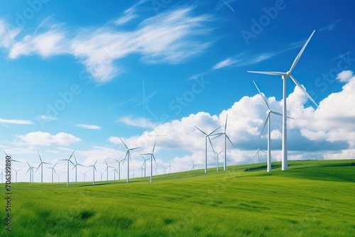 Wind generator in green field with blue sky
