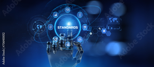 Standard standardization certification quality control assurance. Robot hand pressing button 3d render. photo