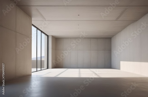 Minimalist charm in architecture. Empty room featuring beige walls, concrete floor and natural light