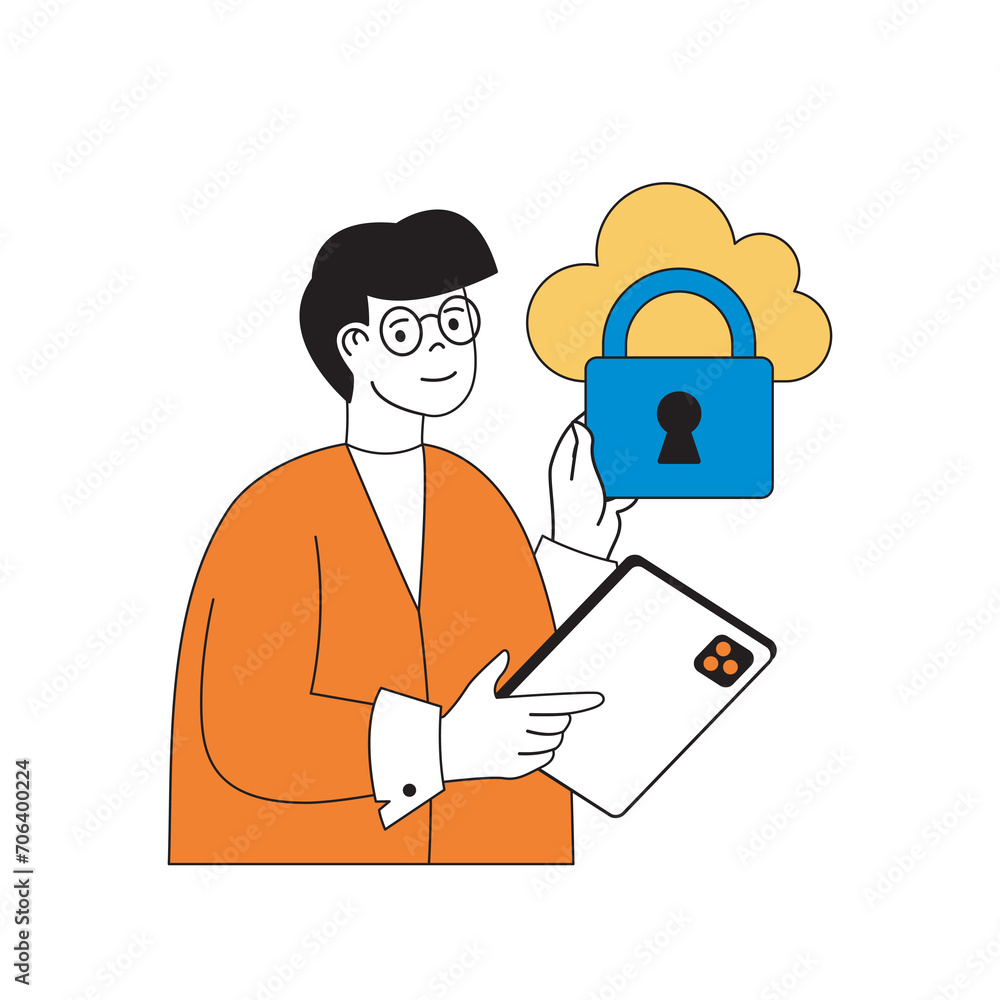 Cloud computing concept with cartoon people in flat design for web. Man using cloud storage platform with firewall data protection. Vector illustration for social media banner, marketing material. Cloud computing concept with cartoon people in flat design for web. Man using cloud storage platform with firewall data protection. Vector illustration for social media banner, marketing material.