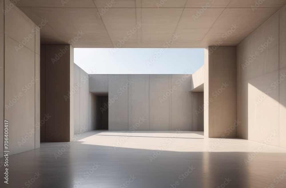 Aesthetic simplicity in architecture. Sunlit empty space with beige walls, concrete floor.