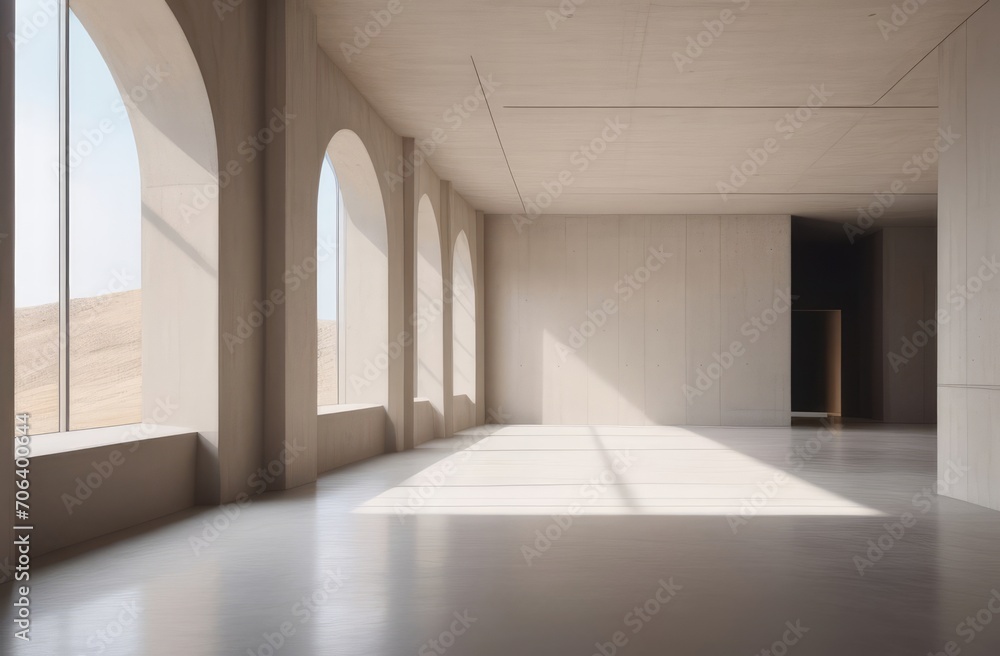 Fototapeta premium simple minimalist interior architecture. empty room with concrete floor, sunlight on sunny day