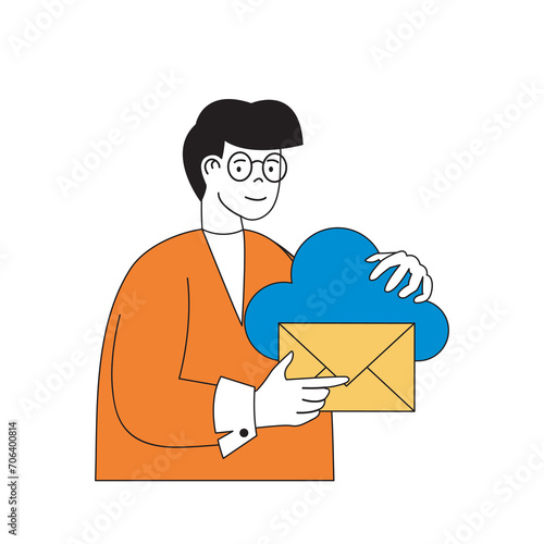 Cloud computing concept with cartoon people in flat design for web. Man sending email and storage business letters in cloud platform. Vector illustration for social media banner, marketing material.