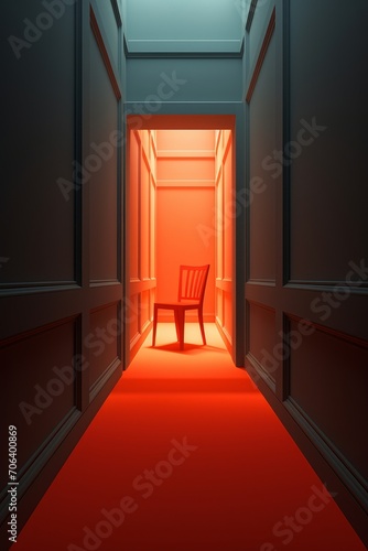 Three-dimensional art of an empty room with a single chair  AI generated illustration