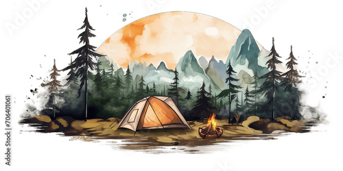 Camping in the forest. Watercolor painting of tent in mountain forest isolated on transparent background. Watercolor camping hand drawn photo