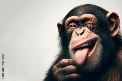 Fototapet Funny chimpanzee winking and sticking out tongue with copy space for text on solid white background
