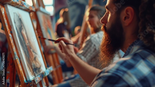 A man with a beard is seen painting on a canvas. This image can be used for various creative projects