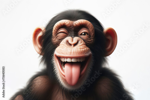 Obraz na płótnie Funny chimpanzee winking and sticking out tongue with copy space for text on solid white background