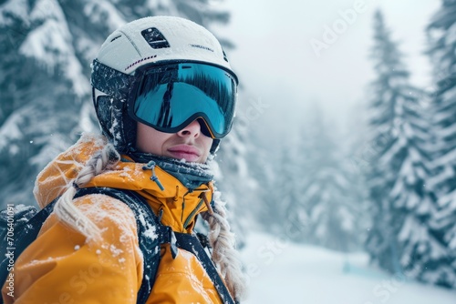 A person wearing a helmet and goggles in the snow. Perfect for winter sports and outdoor activities © Fotograf