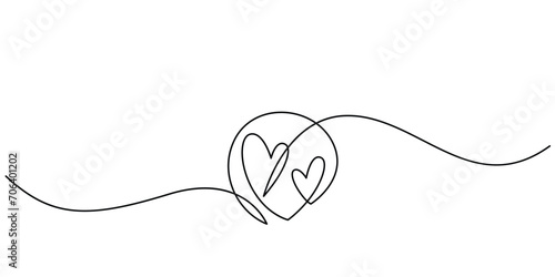 Two hearts in simple one line style. Love background in continuous